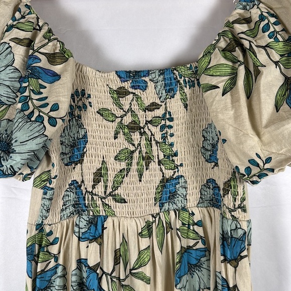 Tulip Creations Cream Floral Print Puff Sleeve Scoop Neck A-Line Midi Dress Lg - Picture 6 of 12